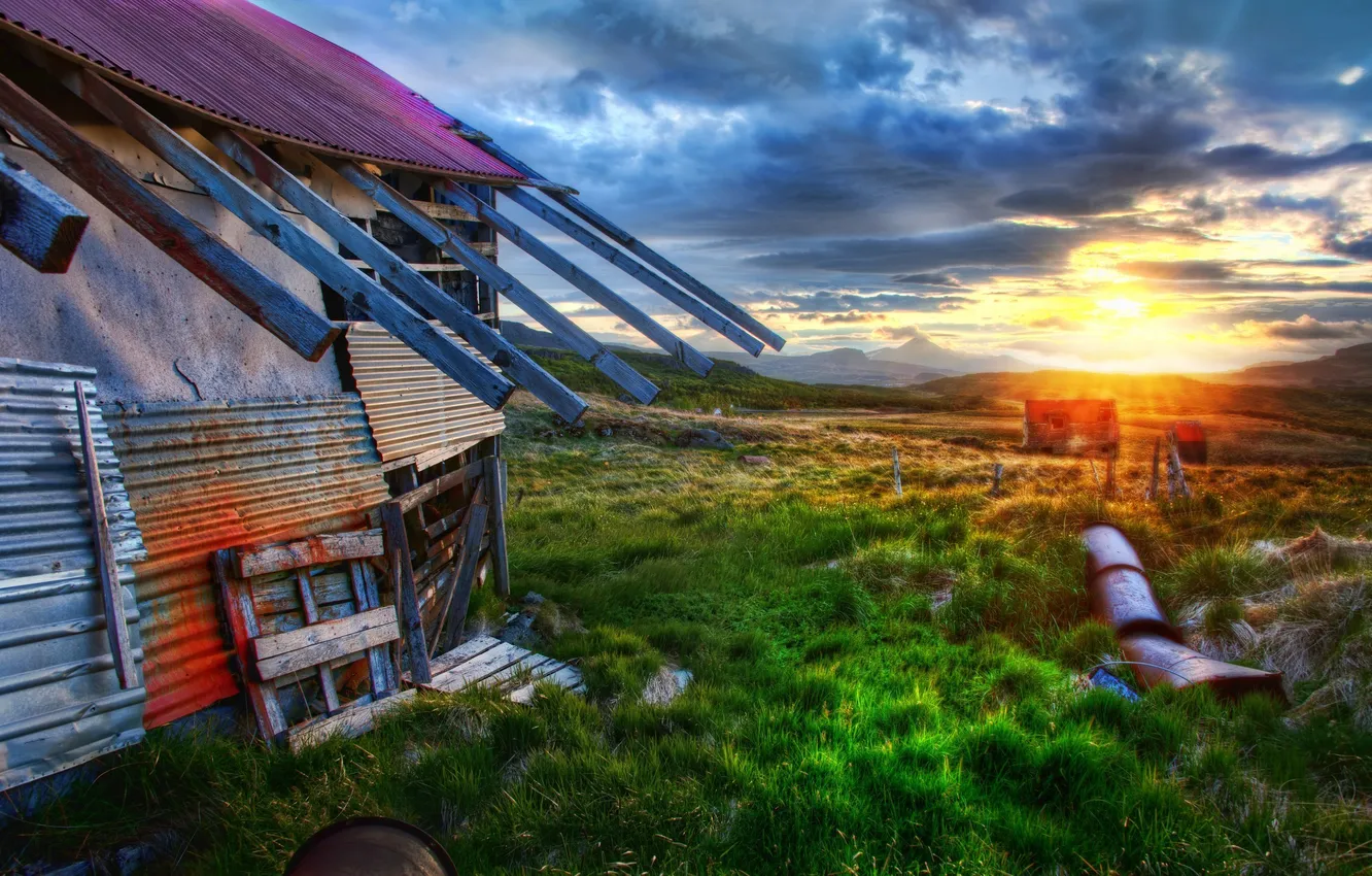 Фото обои облака, восход, старый дом, Sunrise, The Old Farmhouse