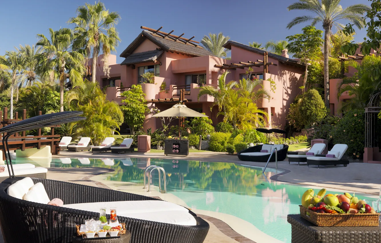 Фото обои бассейн, pool, лежаки, home, пальмы., exterior, villas, вила