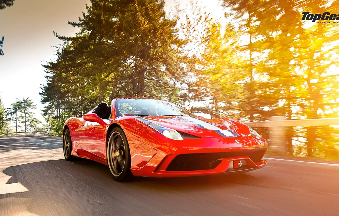 Фото обои Top Gear, Ferrari, Red, 458, Front, Sun, Road, Supercar