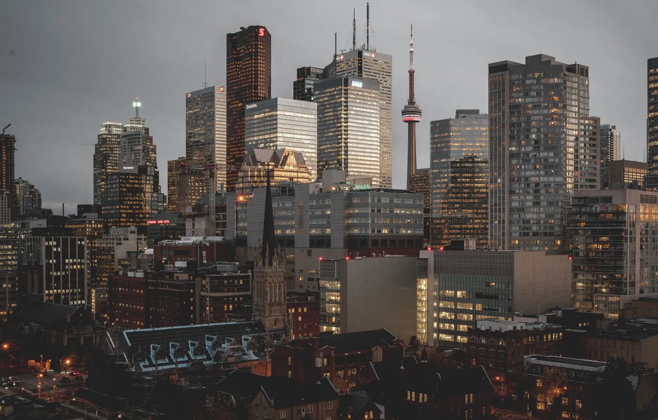 Фото обои город, огни, утро, Канада, Торонто
