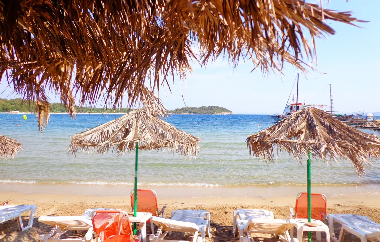 Фото обои море, пляж, Греция, зонтики, beach, sea, Кассандра, Greece