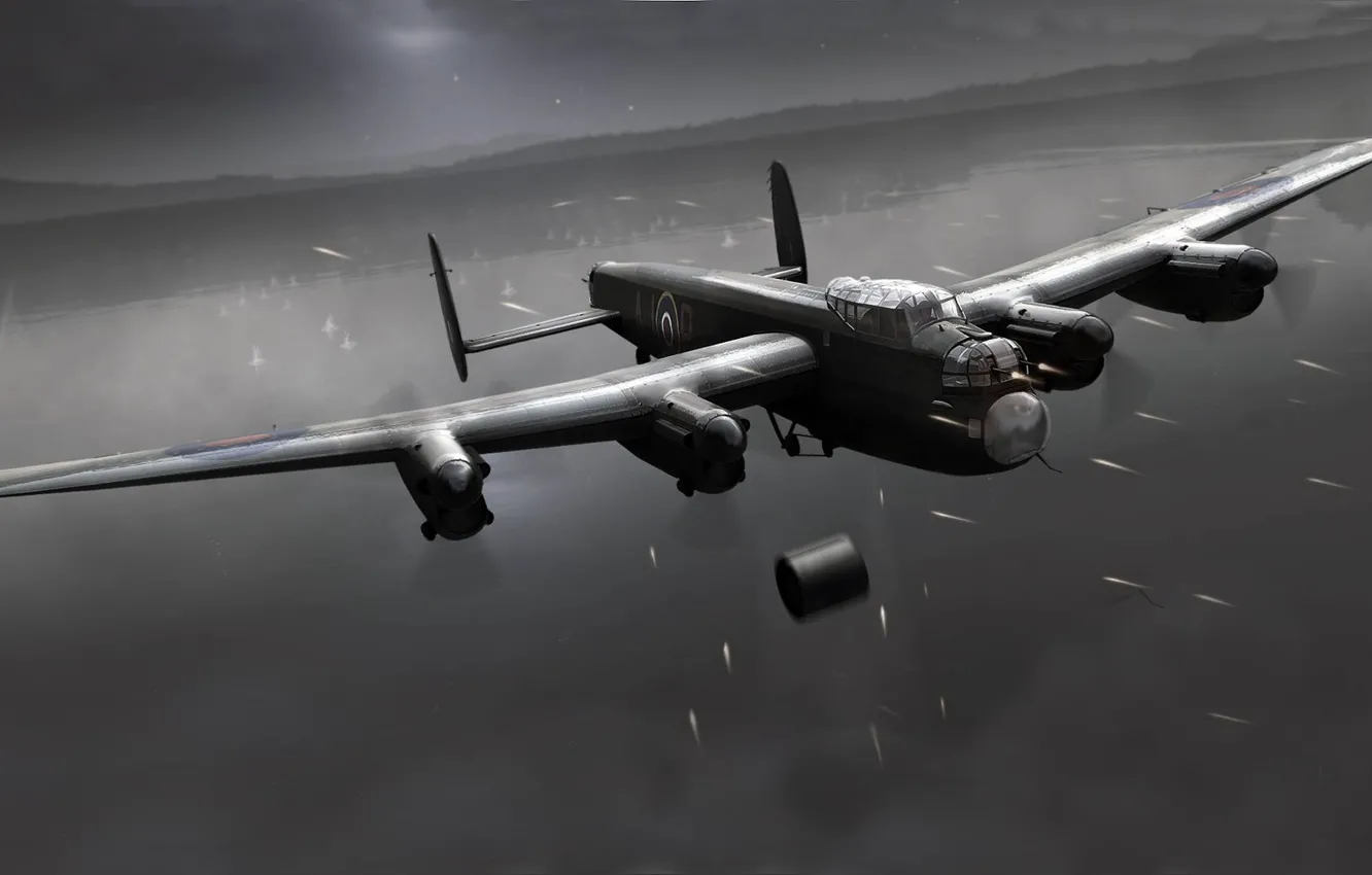 Фото обои ночь, война, рисунок, дамба, операция, бомбордировщики, Lancaster, Dam Busters