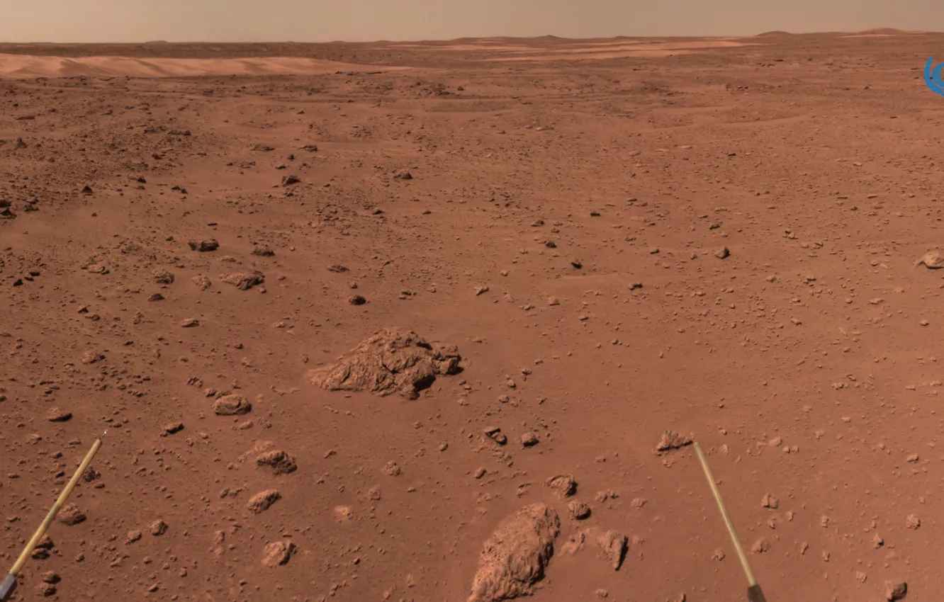 Фото обои небо, поверхность, природа, пустыня, Марс, Mars, Тяньвэнь-1, марсоход Чжужун
