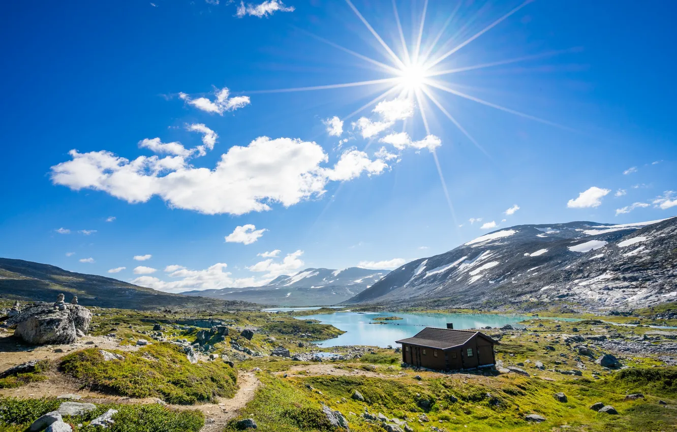 Фото обои солнце, горы, дом, Норвегия