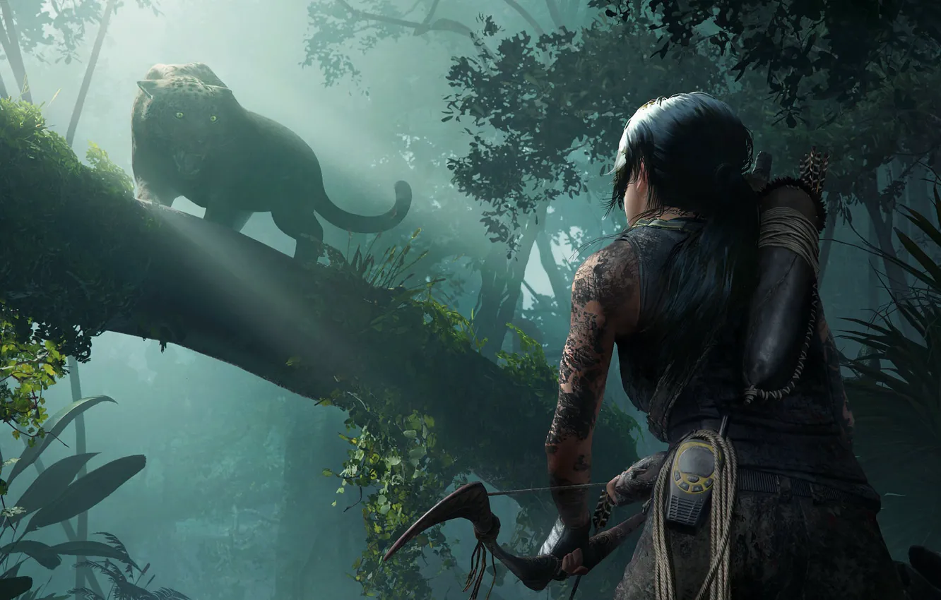 Фото обои game, jungle, Lara Croft, beast, Shadow of the Tomb Raider