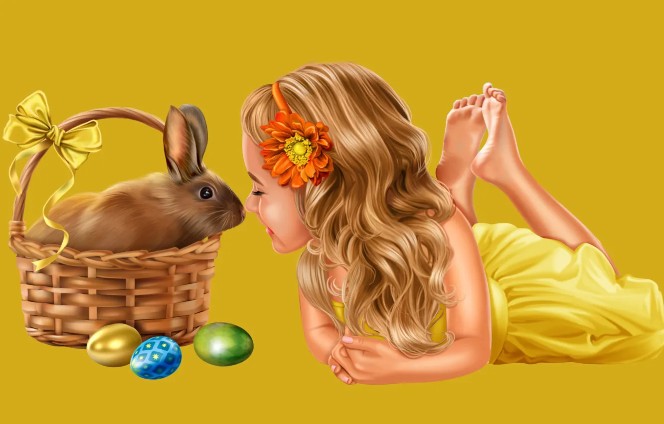 Фото обои радость, корзина, яйца, кролик, Пасха, девочка, бант