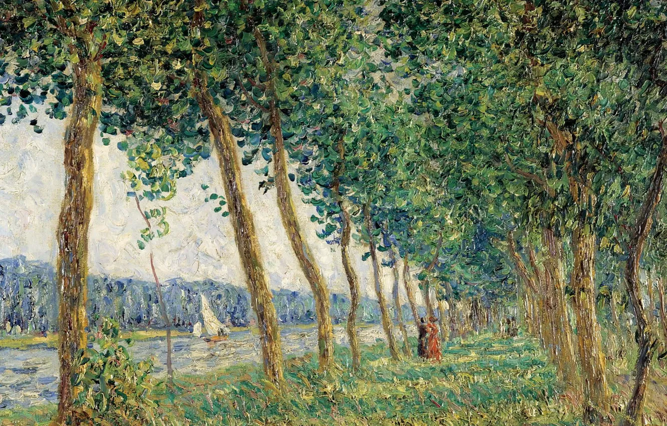 Фото обои деревья, пейзаж, река, лодка, картина, парус, аллея, Francis Picabia
