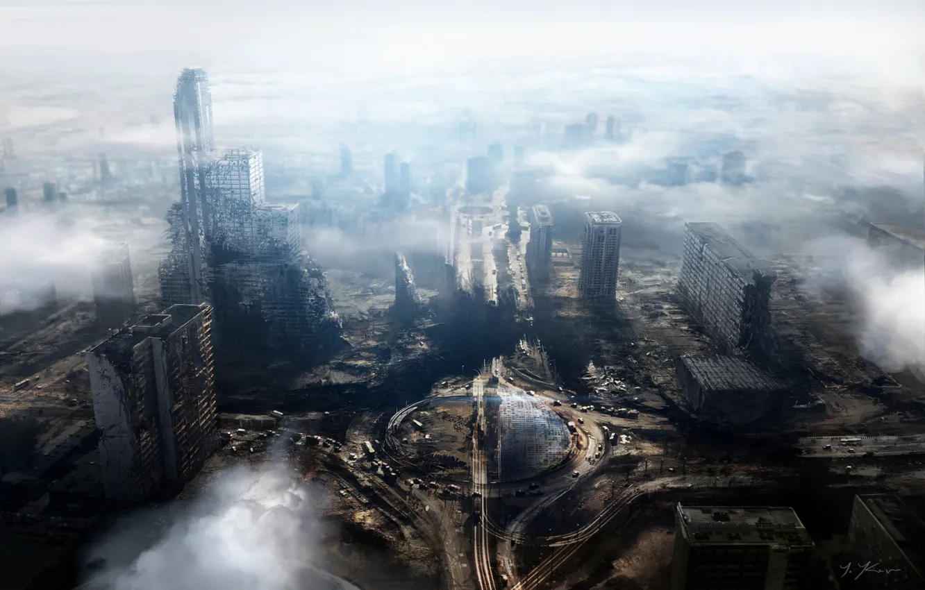 Фото обои облака, машины, город, здания, дороги, панорама, руины, постапокалипсис