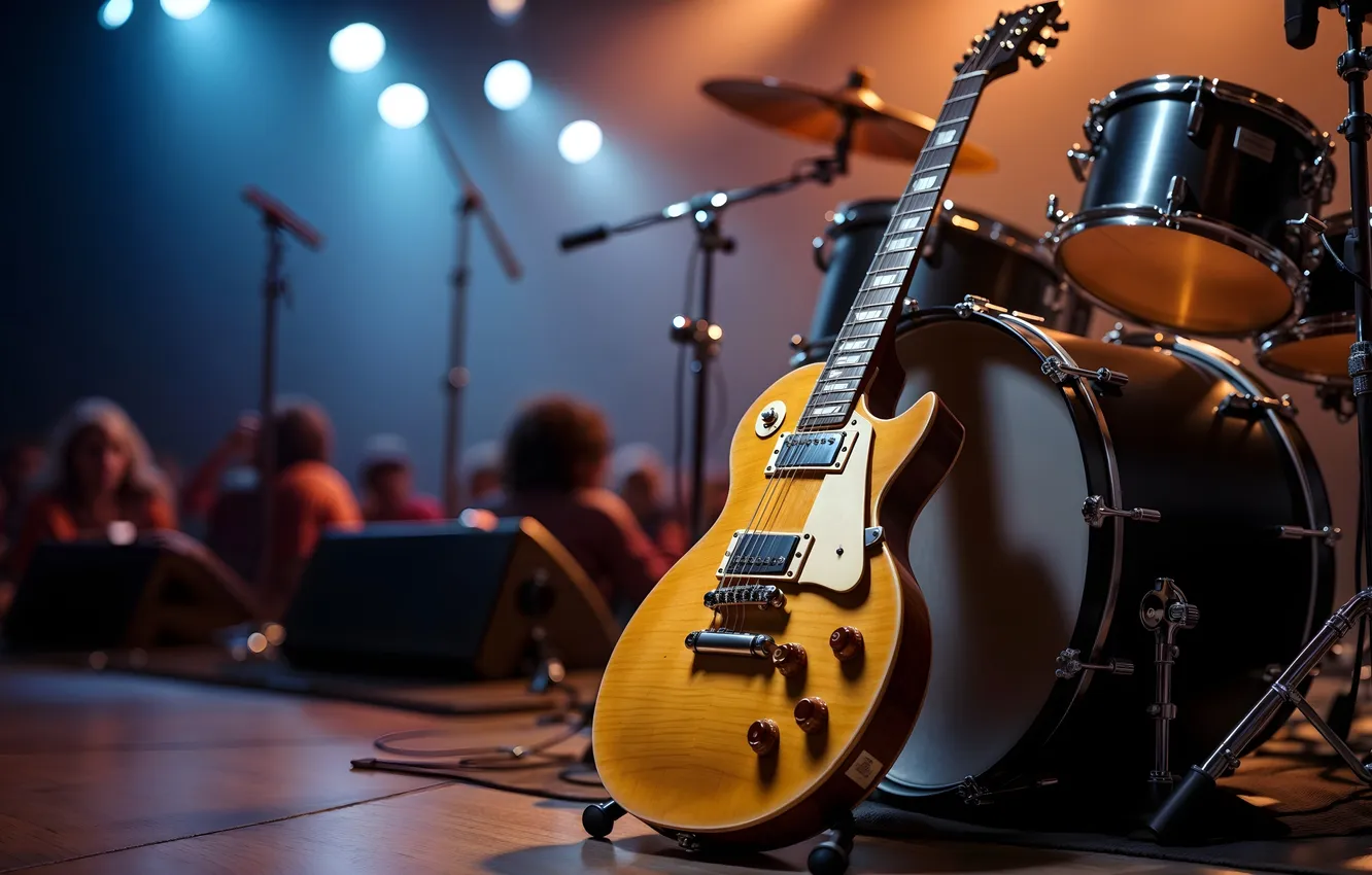 Фото обои музыка, сцена, гитара, концерт, музыкальные инструменты, софиты, ИИ-арт, НЕЙРОСЕТЬ