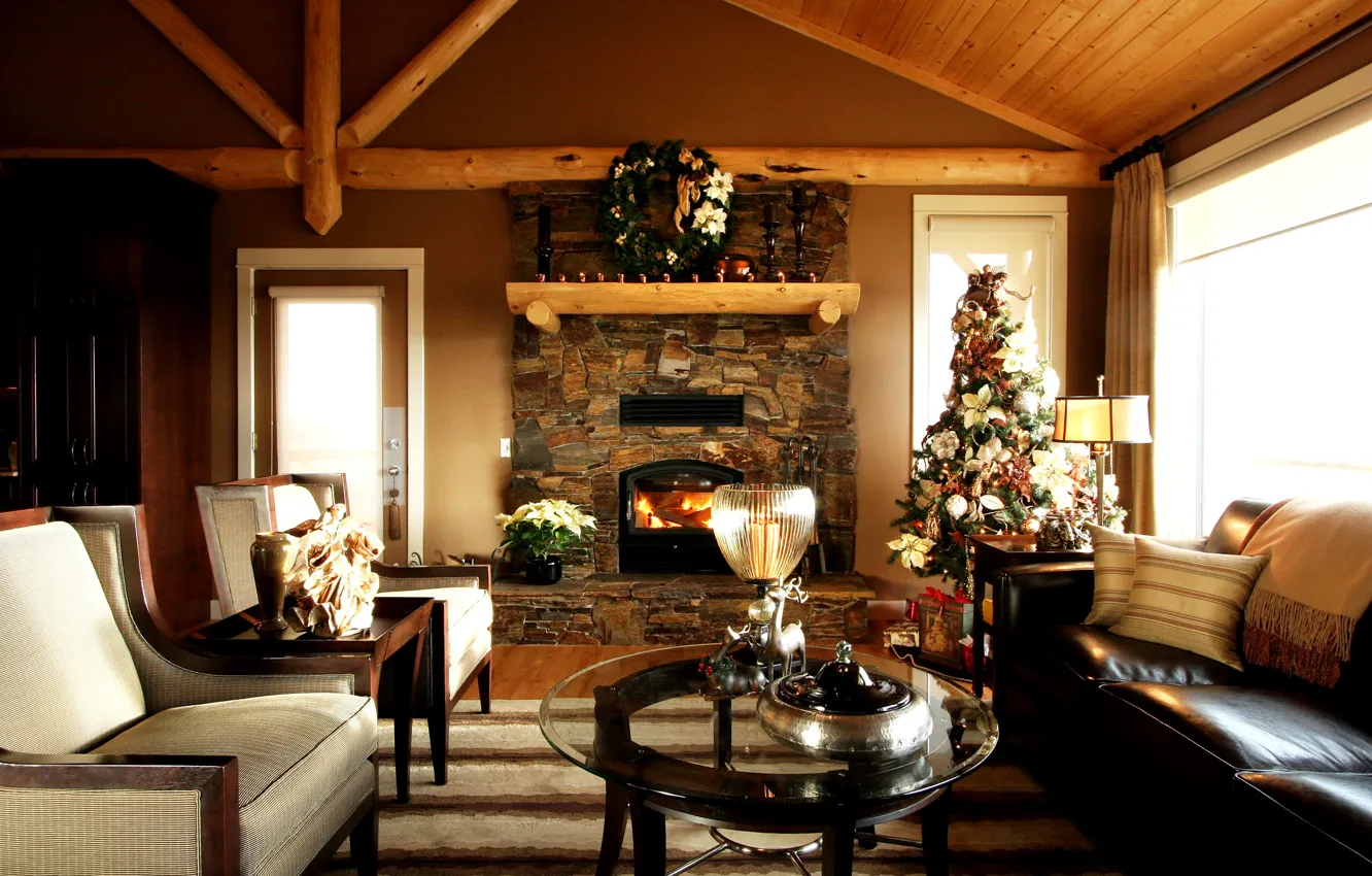 Фото обои дизайн, стол, диван, елка, Рождество, камин, Christmas, особняк