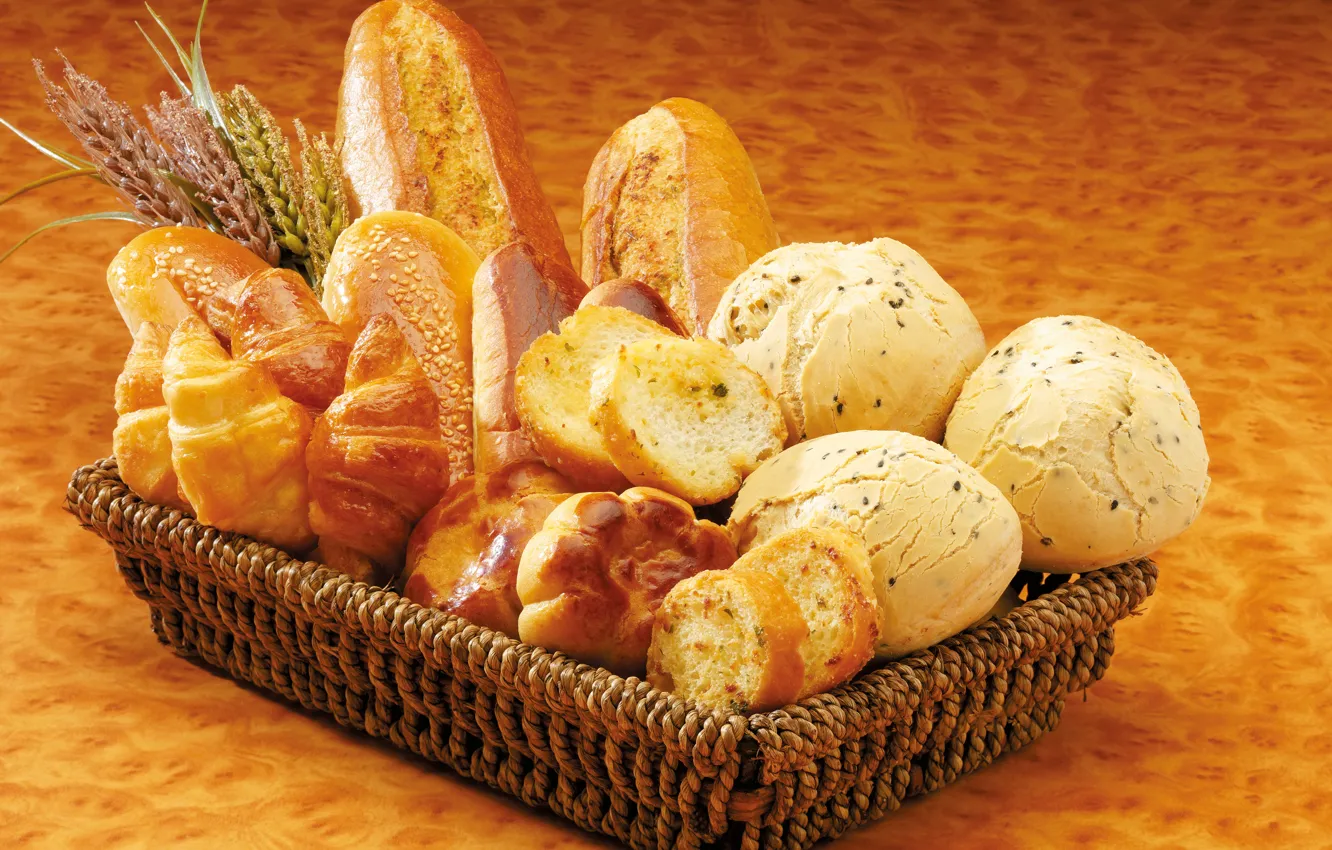 Фото обои корзина, хлеб, сдоба, выпечка, булочки, ломти, батоны