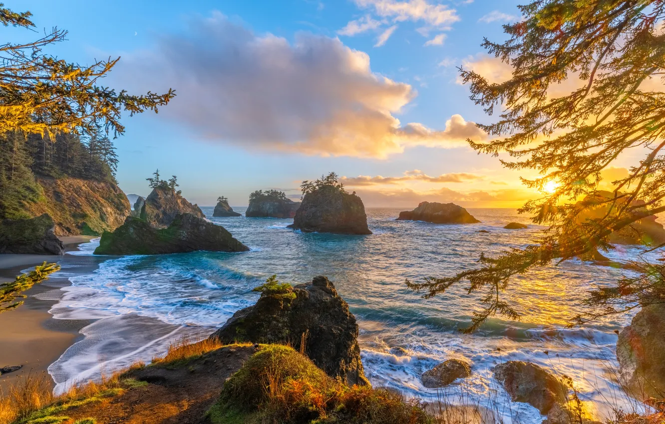 Фото обои облака, скалы, побережье, США, Oregon