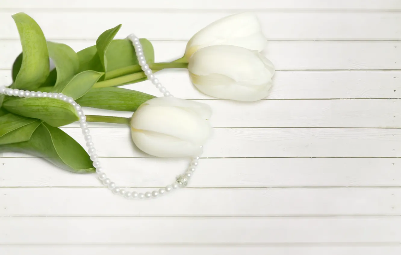 Фото обои букет, тюльпаны, бусы, украшение, белые, жемчгуг