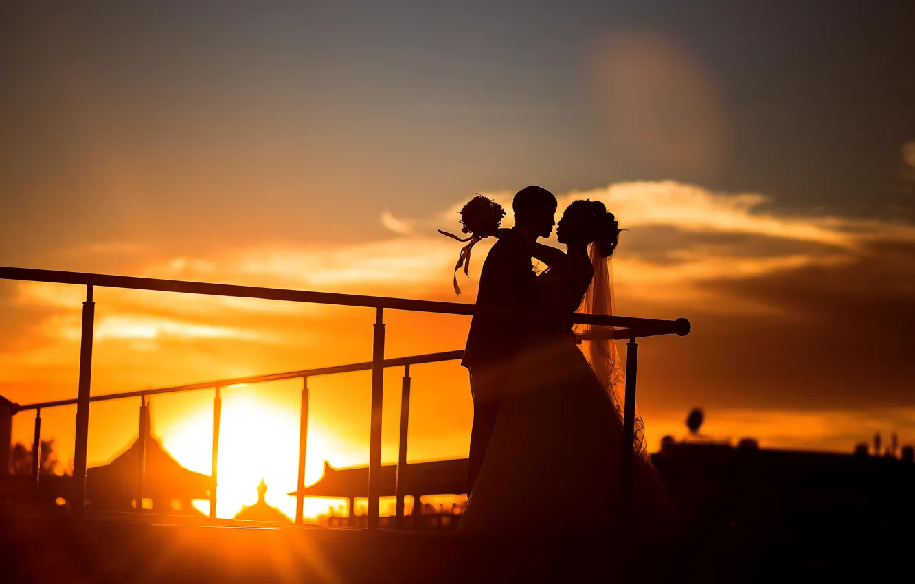 Фото обои девушка, закат, настроение, платье, пара, мужчина, парень, свадьба