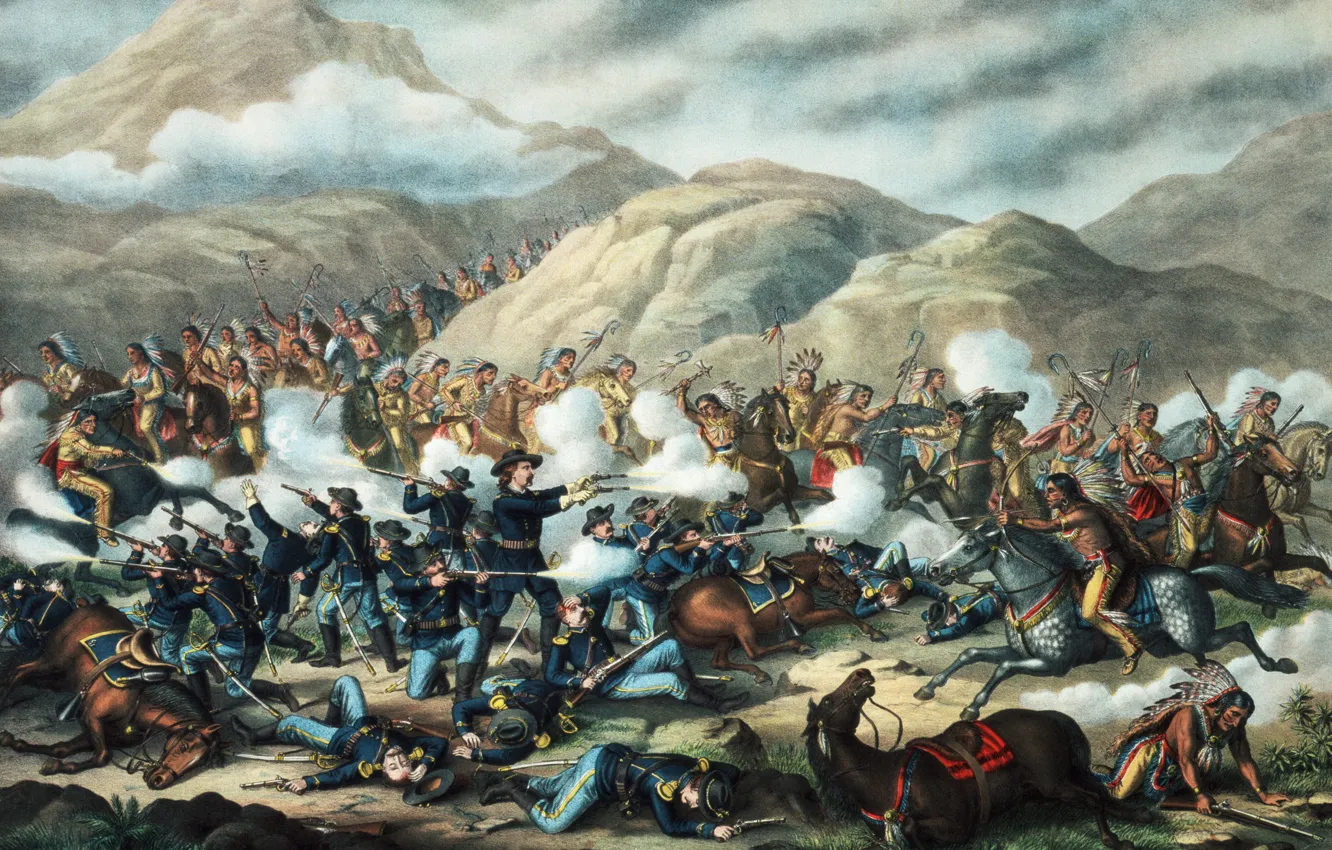 Фото обои картина, живопись, painting, 1876, general G.A.Сuster, Sitting Bull, lakota, northern cheyenne indians