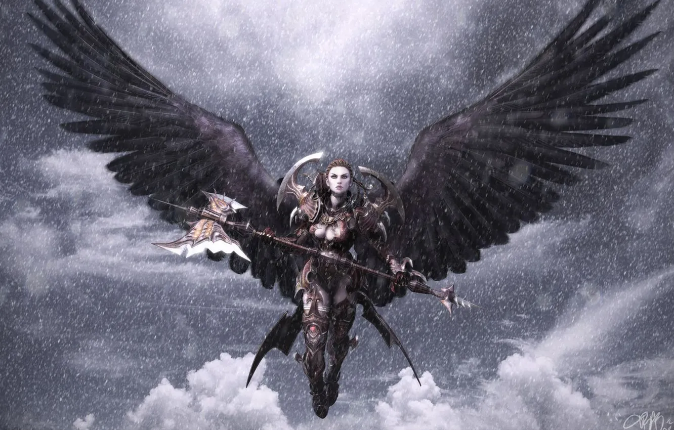 Фото обои девушка, снег, оружие, крылья, ангел, арт, секира, aion