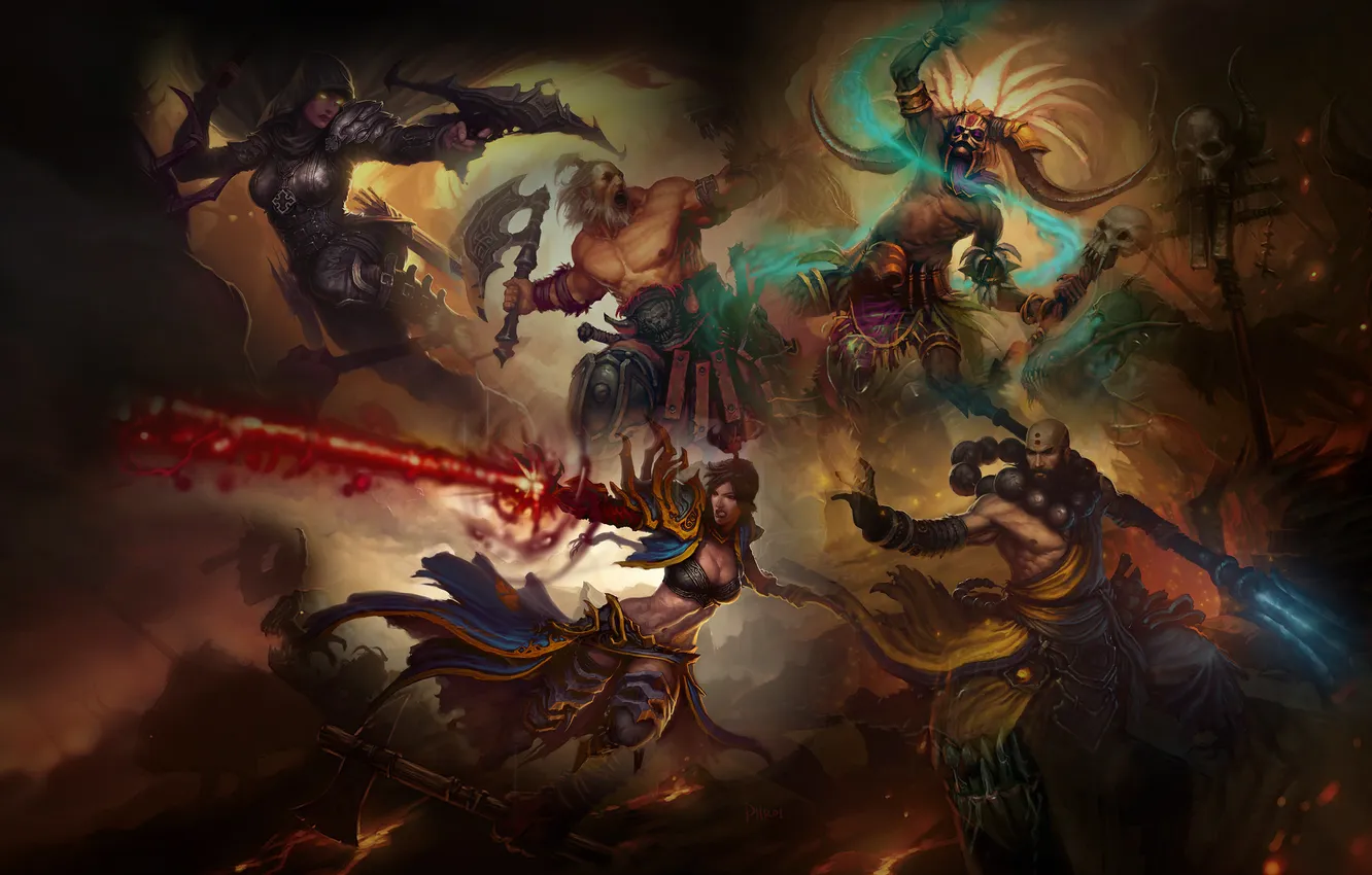Фото обои арт, монах, Diablo 3, варвар, шаман, demon hunter, охотник на демонов, monk