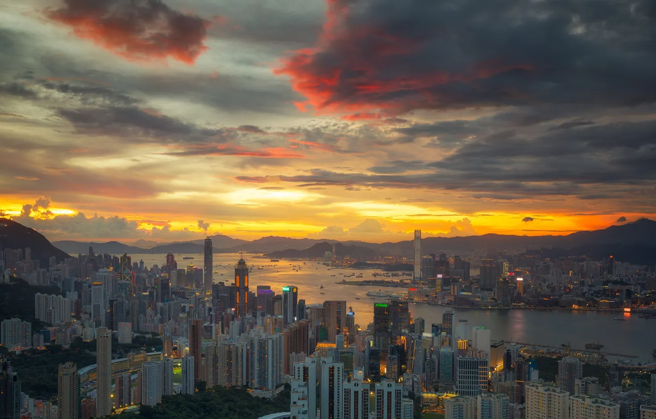 Фото обои небо, облака, закат, дома, архитектура, cityscape, Гон-Конг