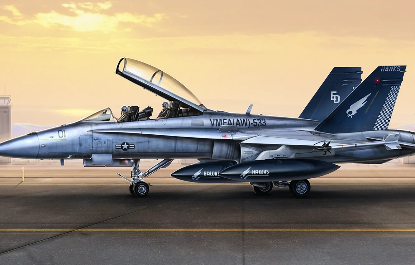 Фото обои рисунок, арт, шершень, Douglas, Hornet, McDonnell, двухместный учебно-боевой вариант, F/A-18D