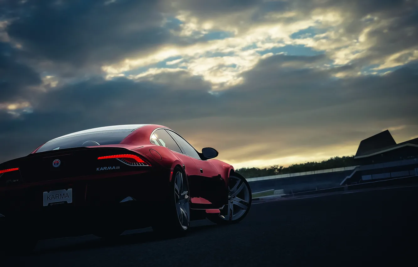 Фото обои car, машина, закат, красная, sunset, fisker, karma