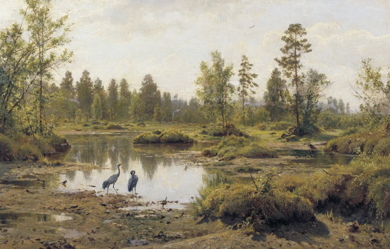 Фото обои пейзаж, птицы, природа, картина, цапля, Иван Шишкин, Болото. Полесье