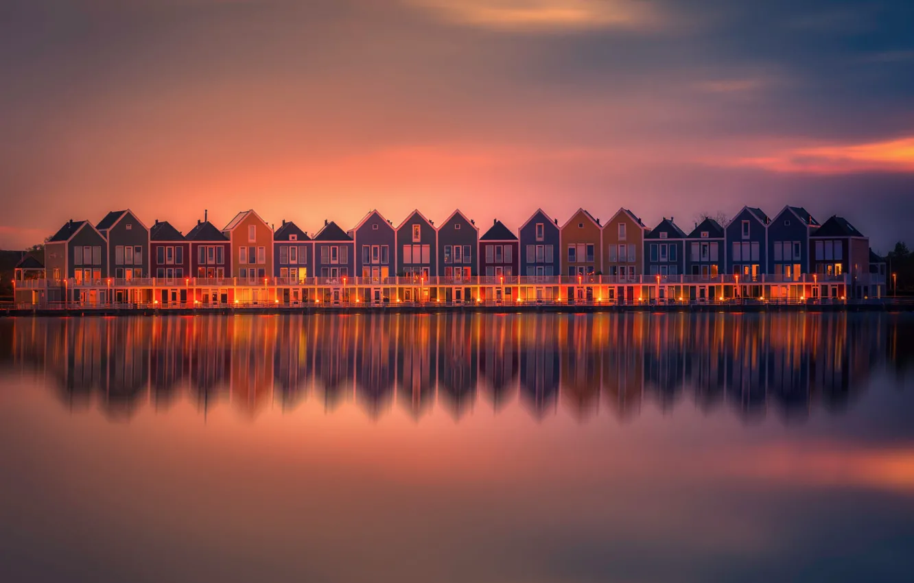Фото обои Holland, Water, Sunset, Reflection, Lightroom, Homes, Neighbours