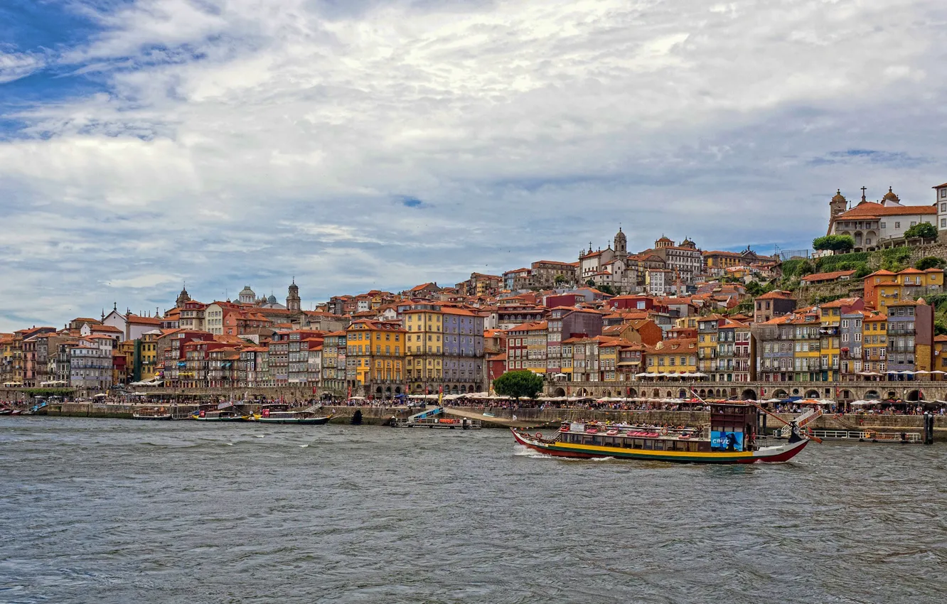 Фото обои река, здания, дома, лодки, Португалия, Portugal, Porto, Порту