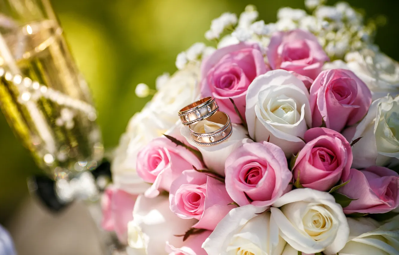 Фото обои цветы, бокал, розы, букет, кольца
