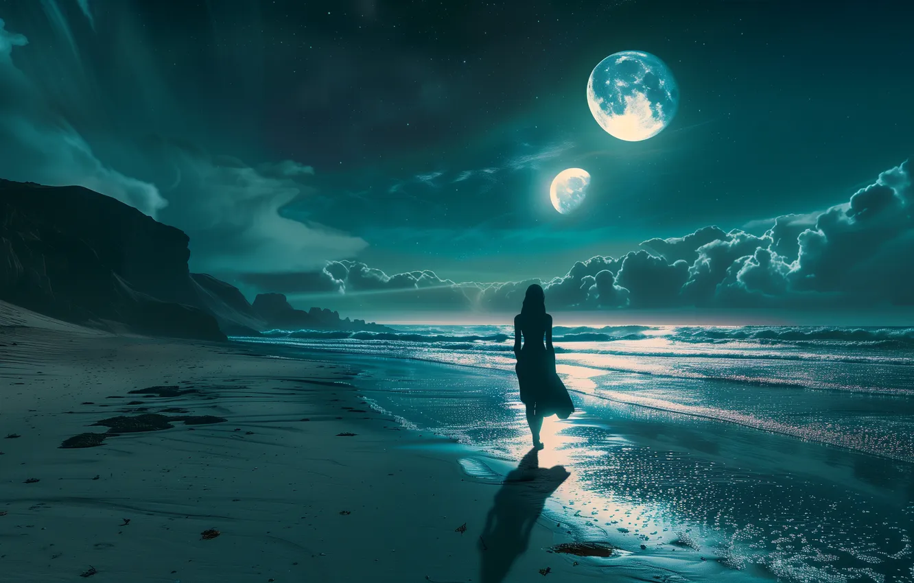 Фото обои Girl, wallpaper, Moon, Coast, Beach, Sea