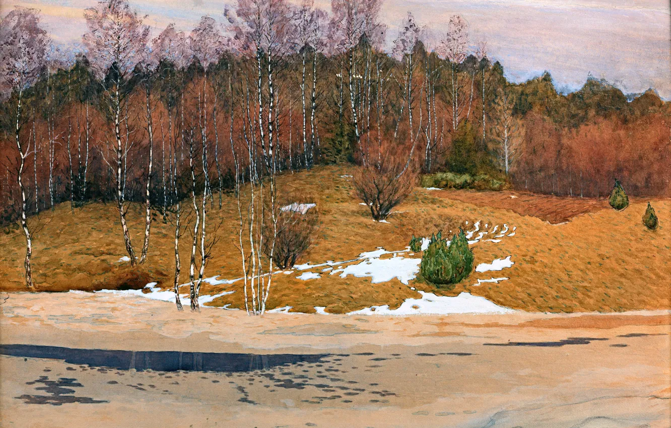 Фото обои Деревья, Лед, Картина, Gustaf Fjaestad, Густав Фьестад, Шведский художник, Когда лед трескается