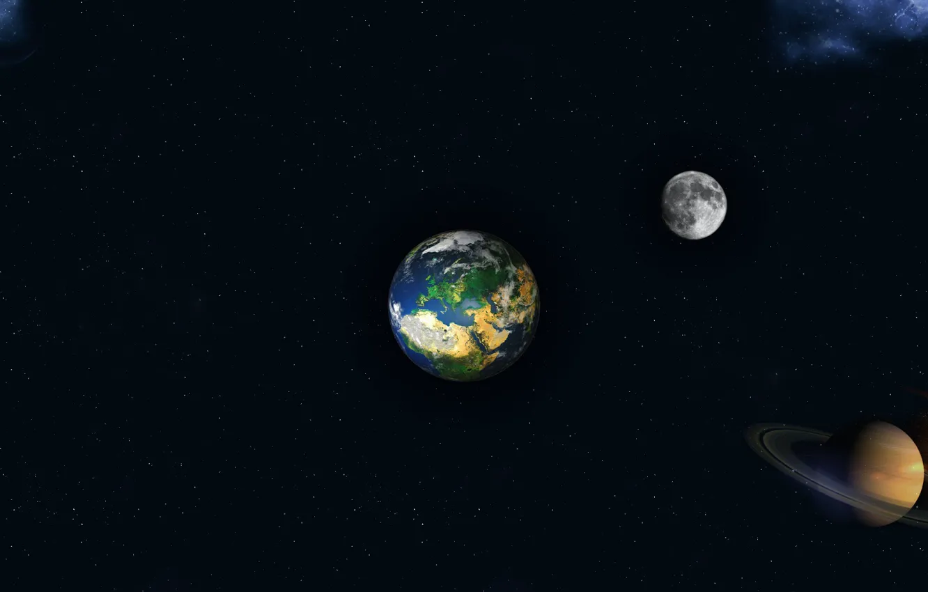Фото обои Солнце, Сатурн, Звезды, Луна, Планета, Космос, Вселенная, Земля