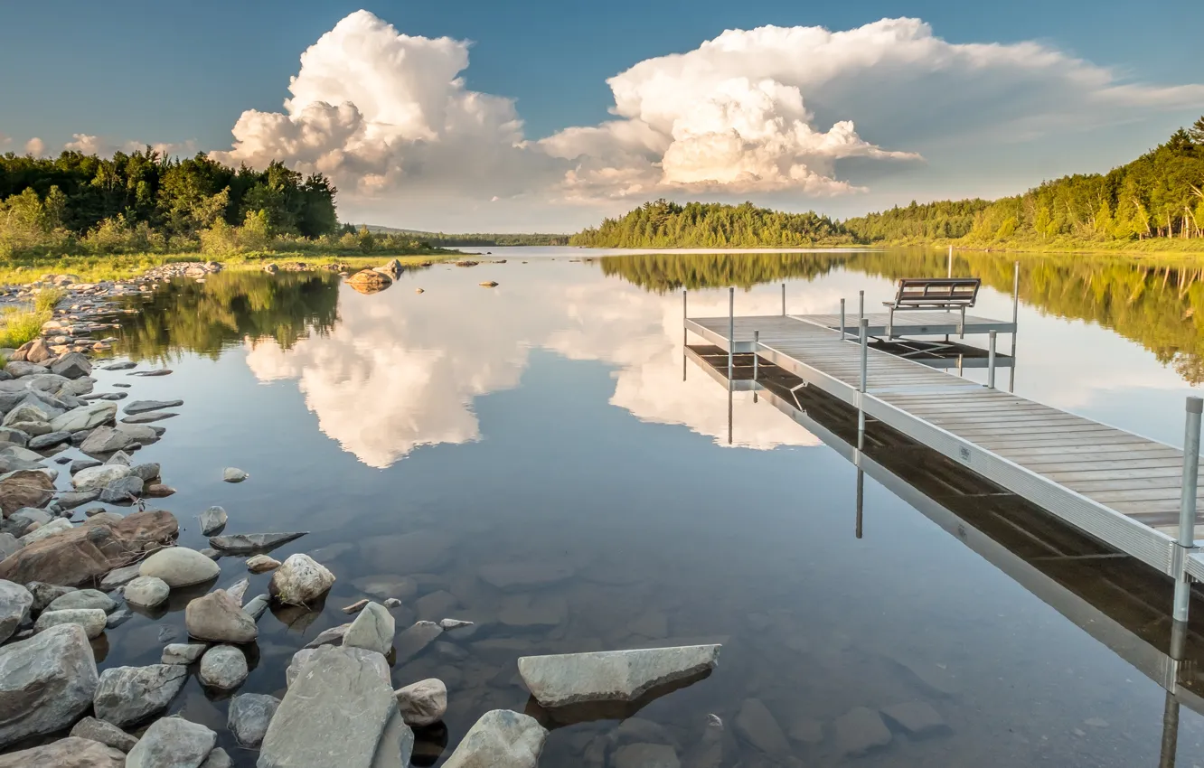 Фото обои лес, лето, небо, облака, скамейка, озеро, отражение, камни