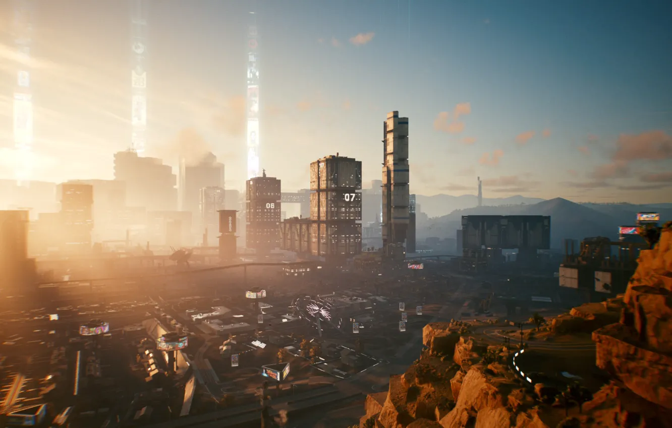 Фото обои Небо, Город, Игра, Свет, Высота, Cyberpunk 2077, Киберпанк, Cyberpunk