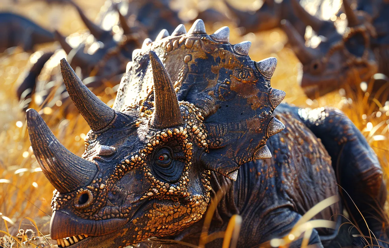 Фото обои Трава, Морда, Рога, Животные, Triceratops, Цифровое искусство, Динозавры, Древние животные