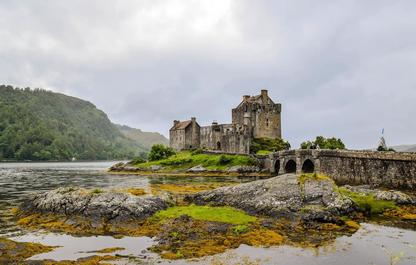 Фото обои лес, горы, мост, озеро, замок, Шотландия, Eilean Donan