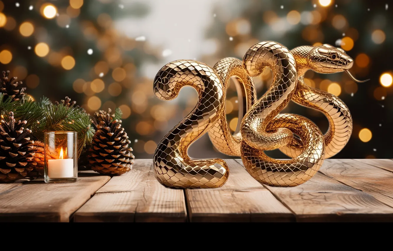 Фото обои снег, украшения, змея, цифры, Новый год, golden, new year, snake