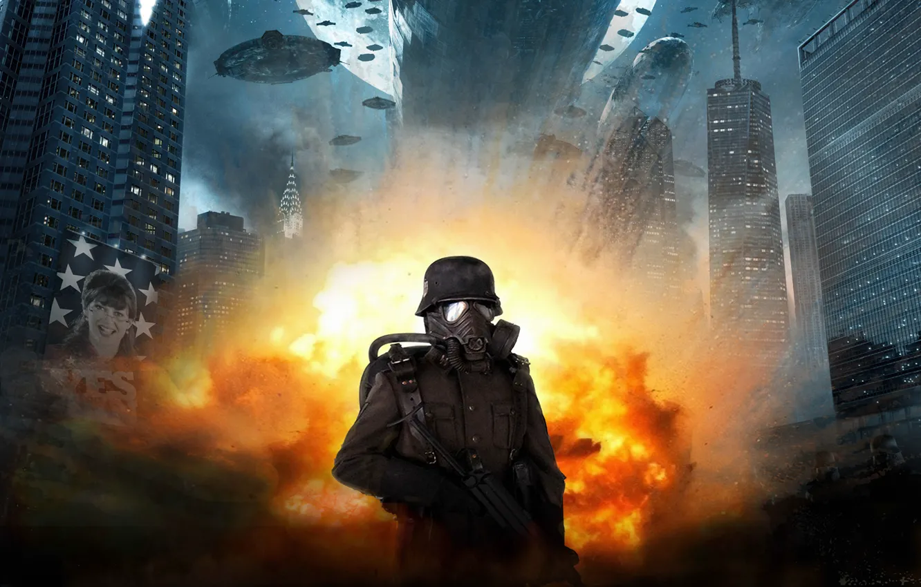 Фото обои взрыв, огонь, НЛО, небоскребы, солдат, автомат, Железное небо, Iron Sky