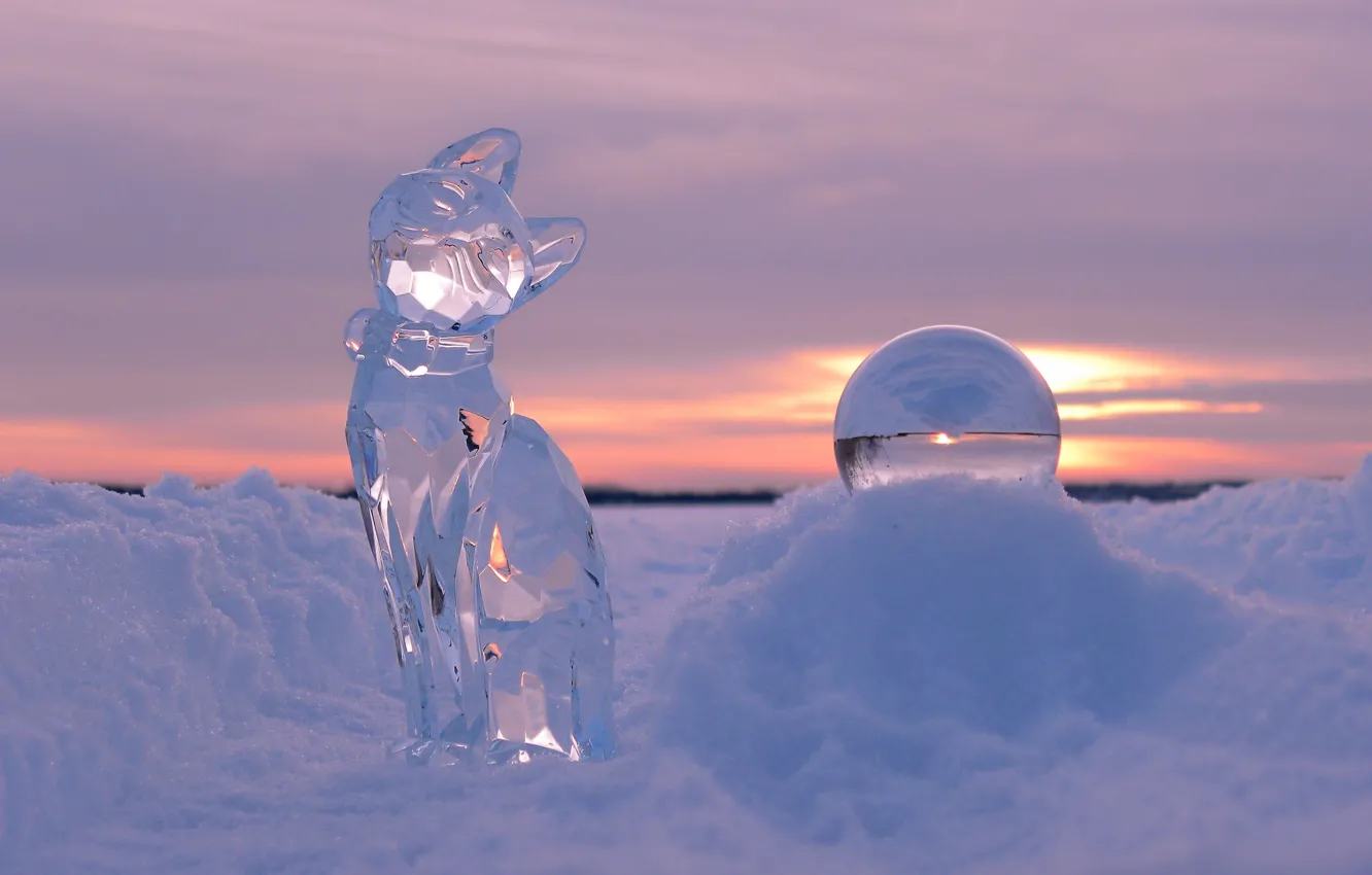 Фото обои зима, кошка, снег, закат, шар, лёд, скульптуры
