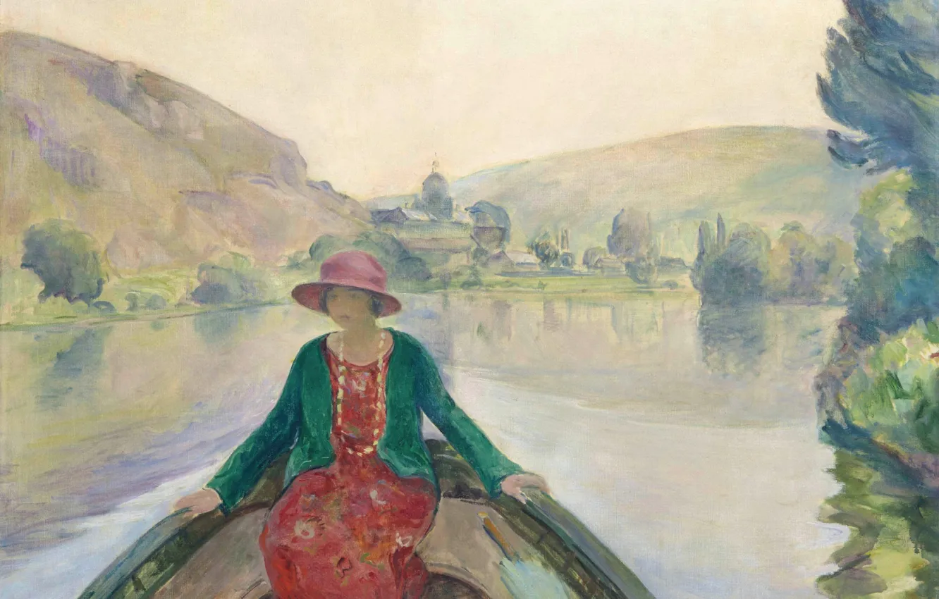 Фото обои пейзаж, река, женщина, лодка, картина, Сена, жанровая, Анри Лебаск