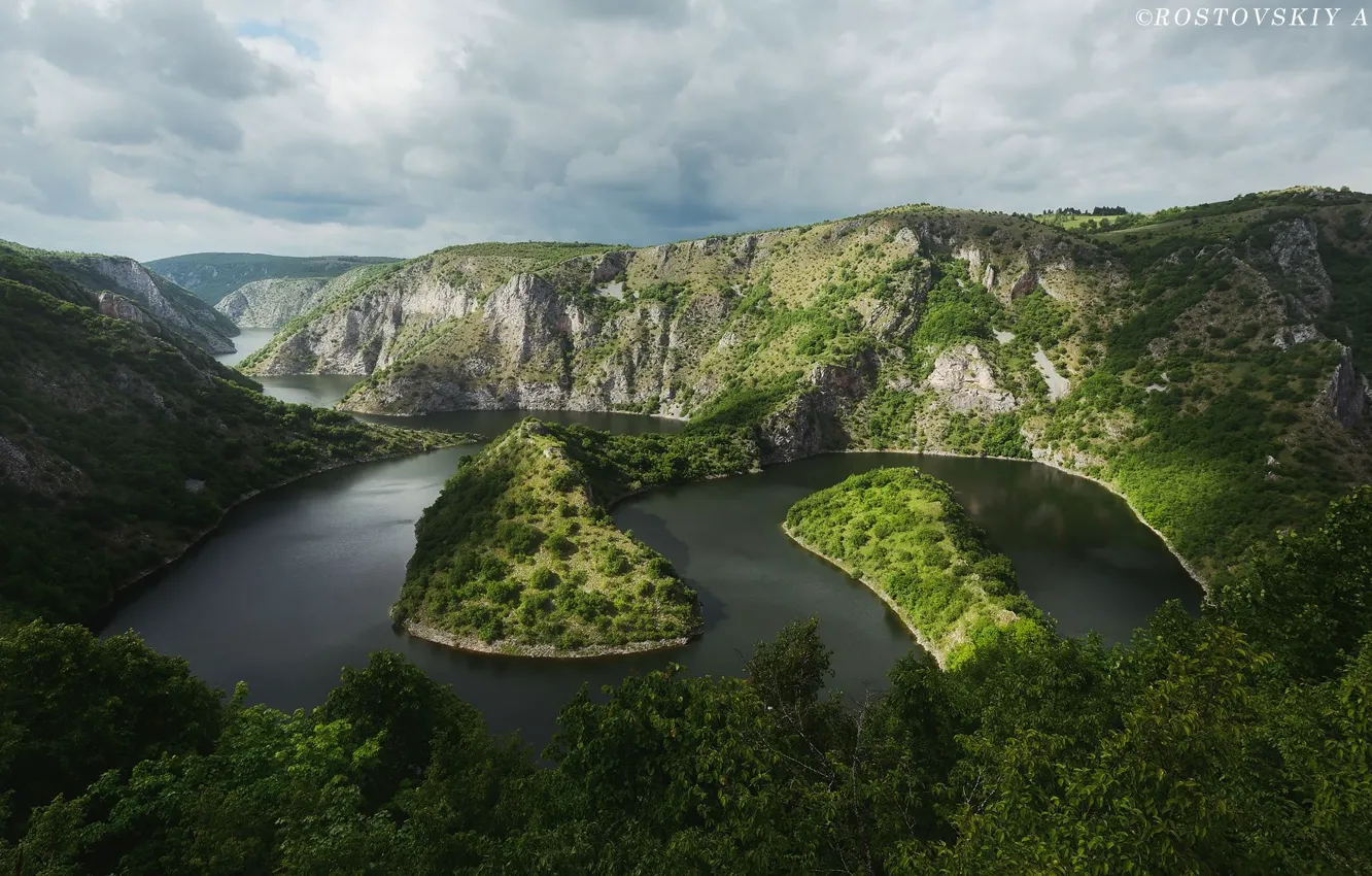 Фото обои зелень, лес, небо, пейзаж, горы, природа, художник, Антон Ростовский