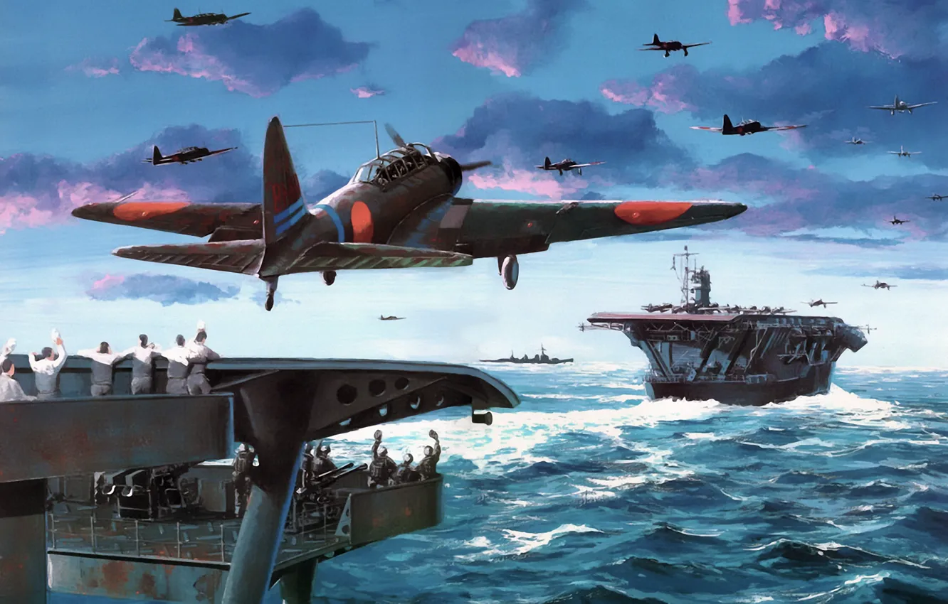 Фото обои aircraft, war, art, airplane, aviation, japanese, dogfight, carrier