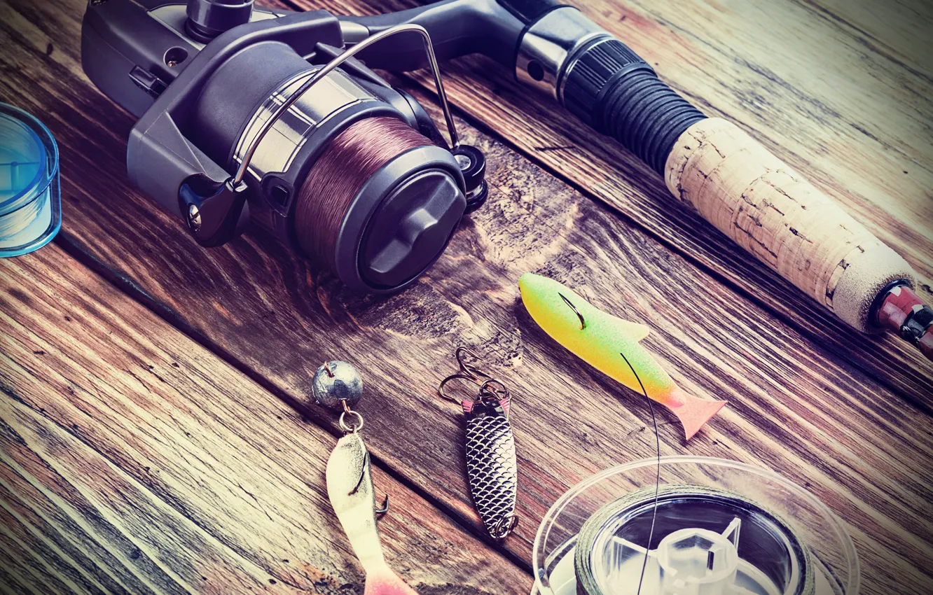 Фото обои wood, fishing rod, hook, fishing equipment