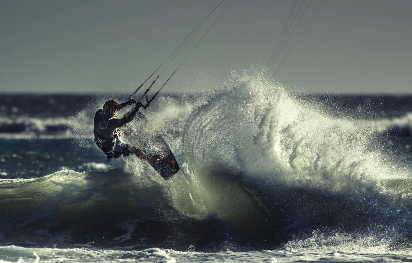Фото обои волна, спортсмен, кайтсёрфинг, kitesurfing