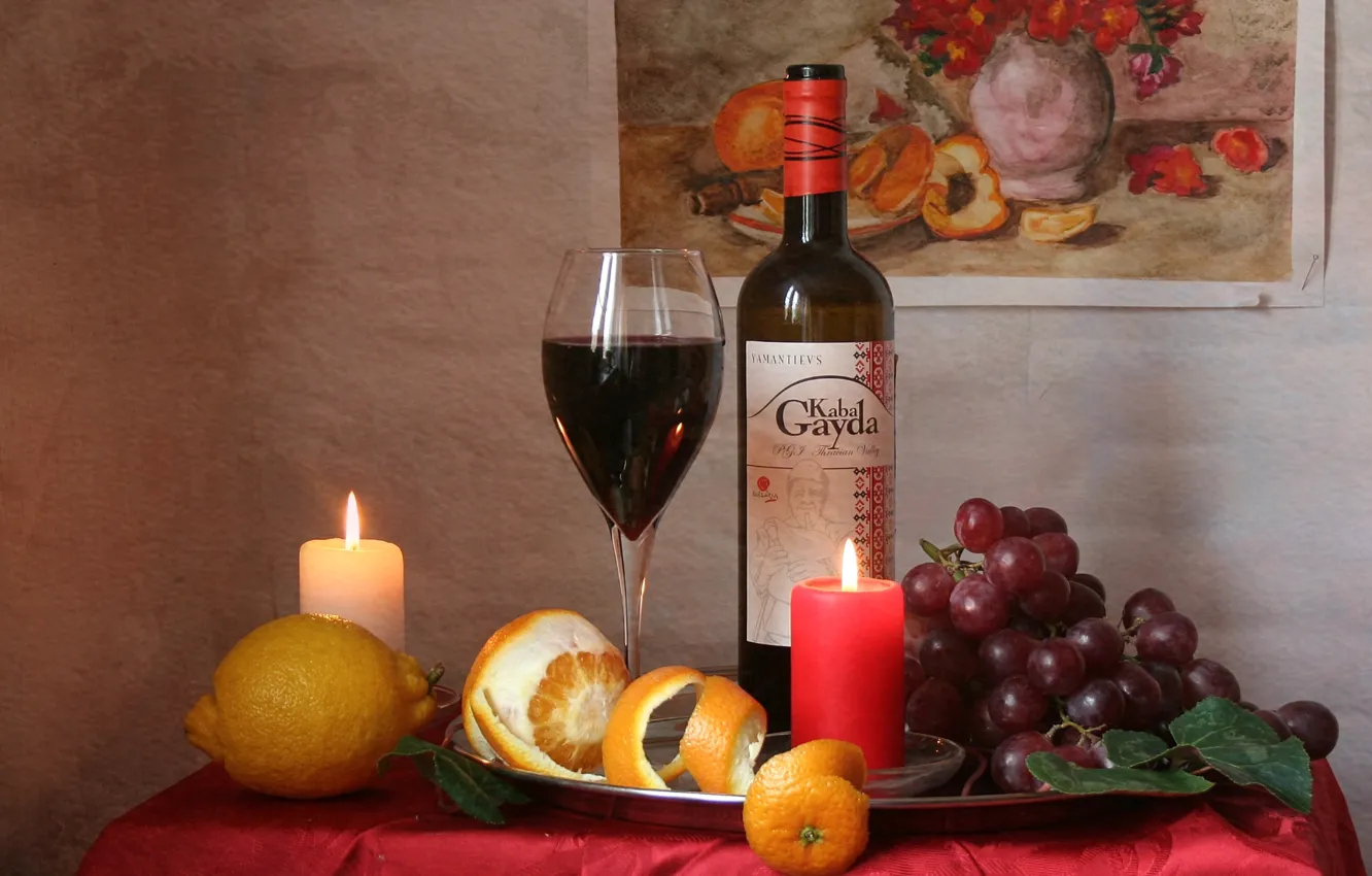 Фото обои вино, лимон, свечи, виноград, натюрморт
