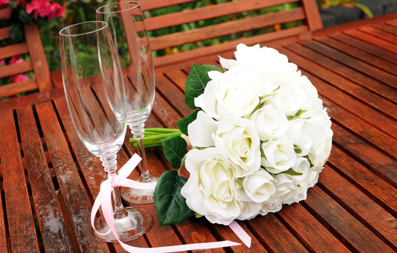 Фото обои розы, букет, бокалы, Rose, bouquet, wedding, свадебный
