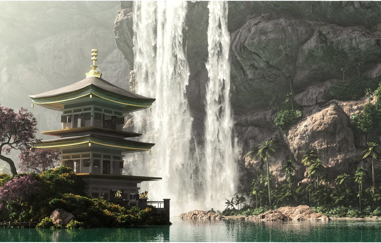 Фото обои вода, горы, водопад, пагода, цветущее дерево, 3DLandscapeArtist