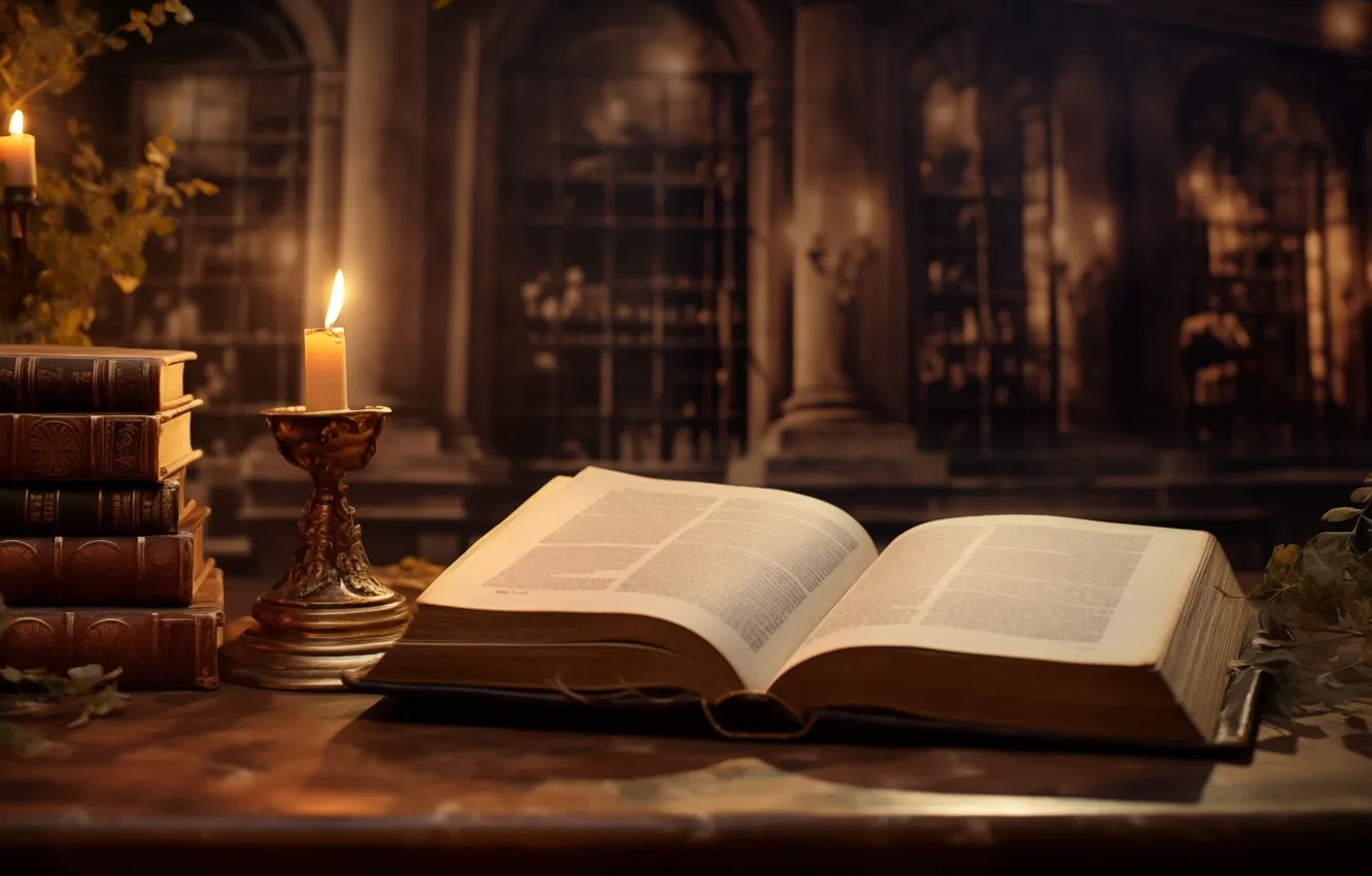 Фото обои digital art, candles, books, desk, AI art
