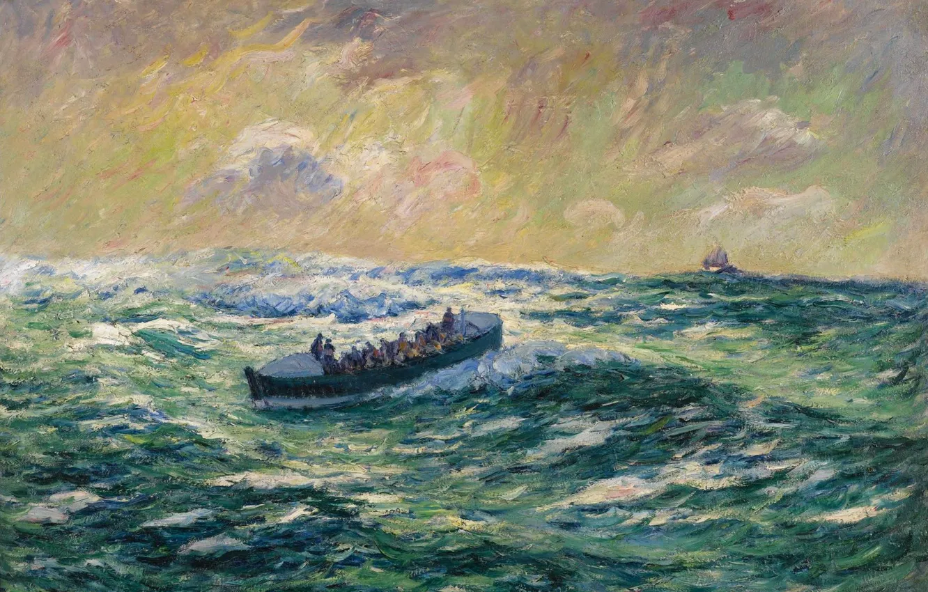 Фото обои море, волны, шторм, лодка, картина, катер, морской пейзаж, Finistere