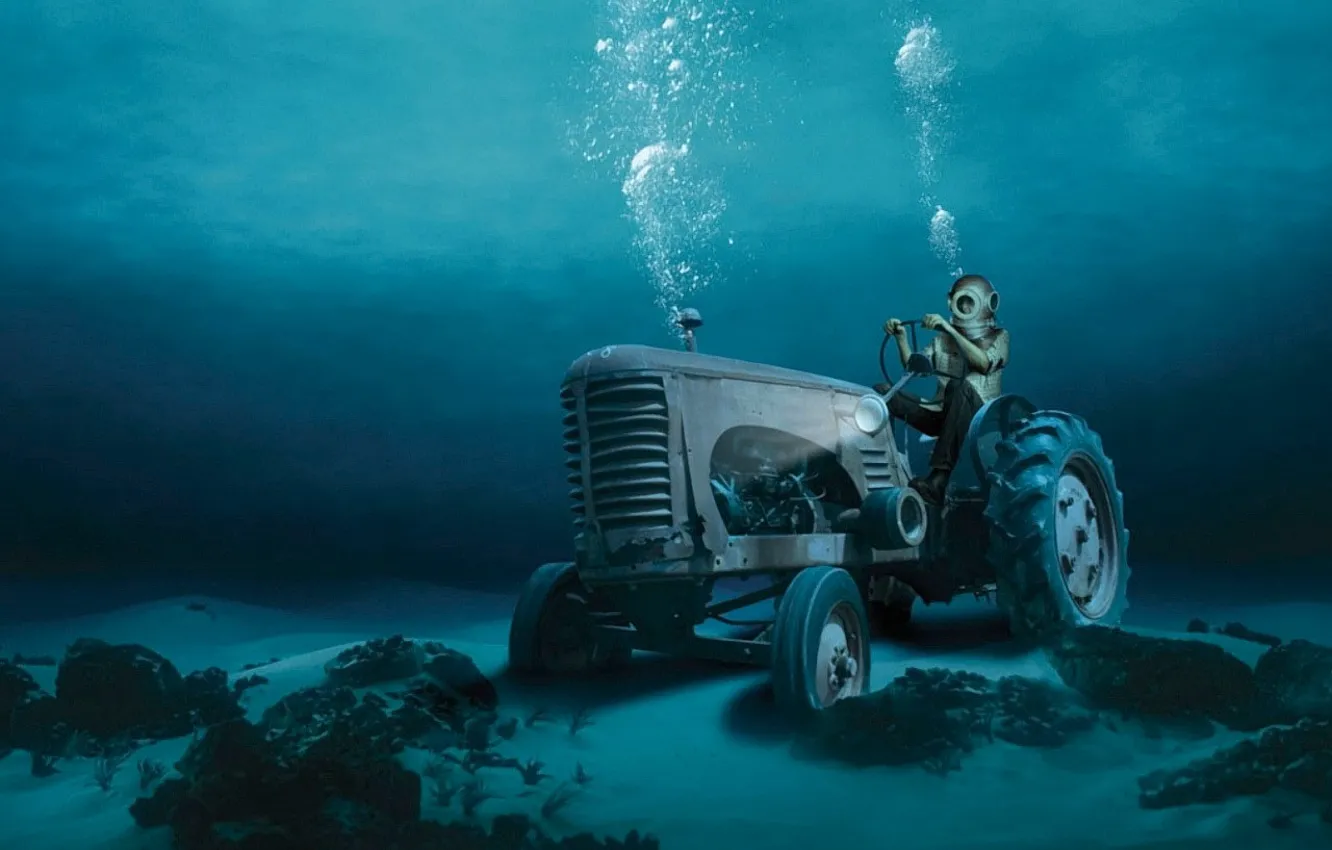 Фото обои вода, пузыри, дно, аквалангист, трактор