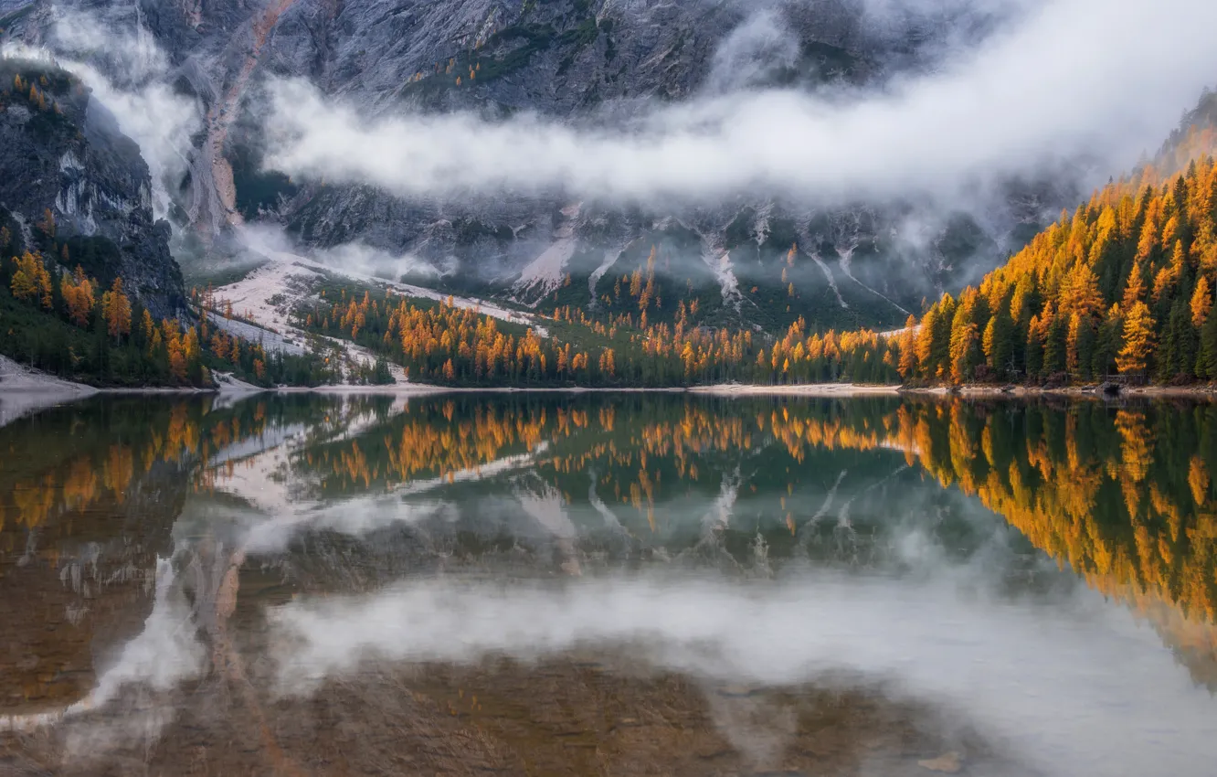 Фото обои осень, лес, облака, горы, природа, туман, озеро